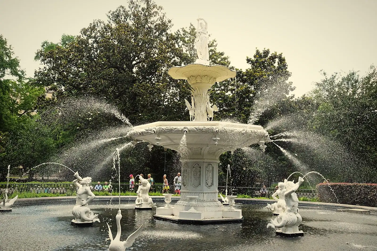 The Forsyth Park fountain in Savannah, Georgia, surrounded by trees