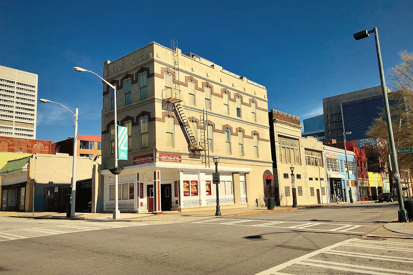 Historic storefront buildings on a corner of Mitchell Street downtown