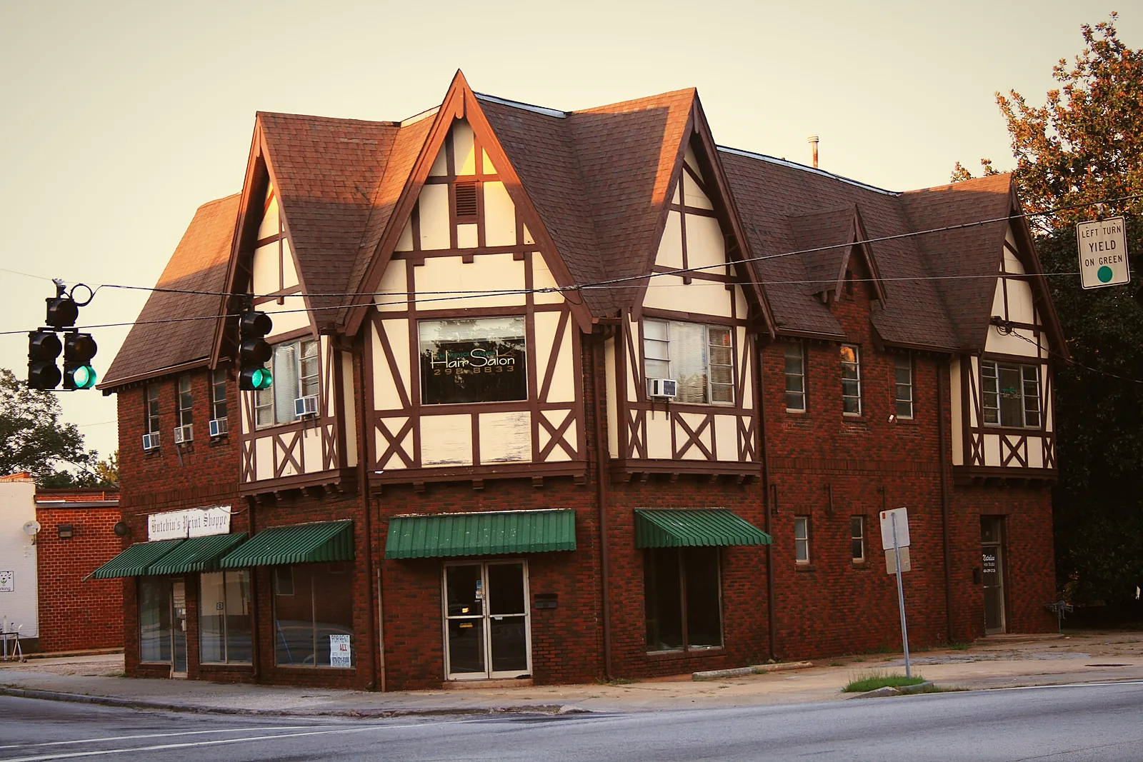 Tudor-style storefronts on a corner in downtown Avondale Estates