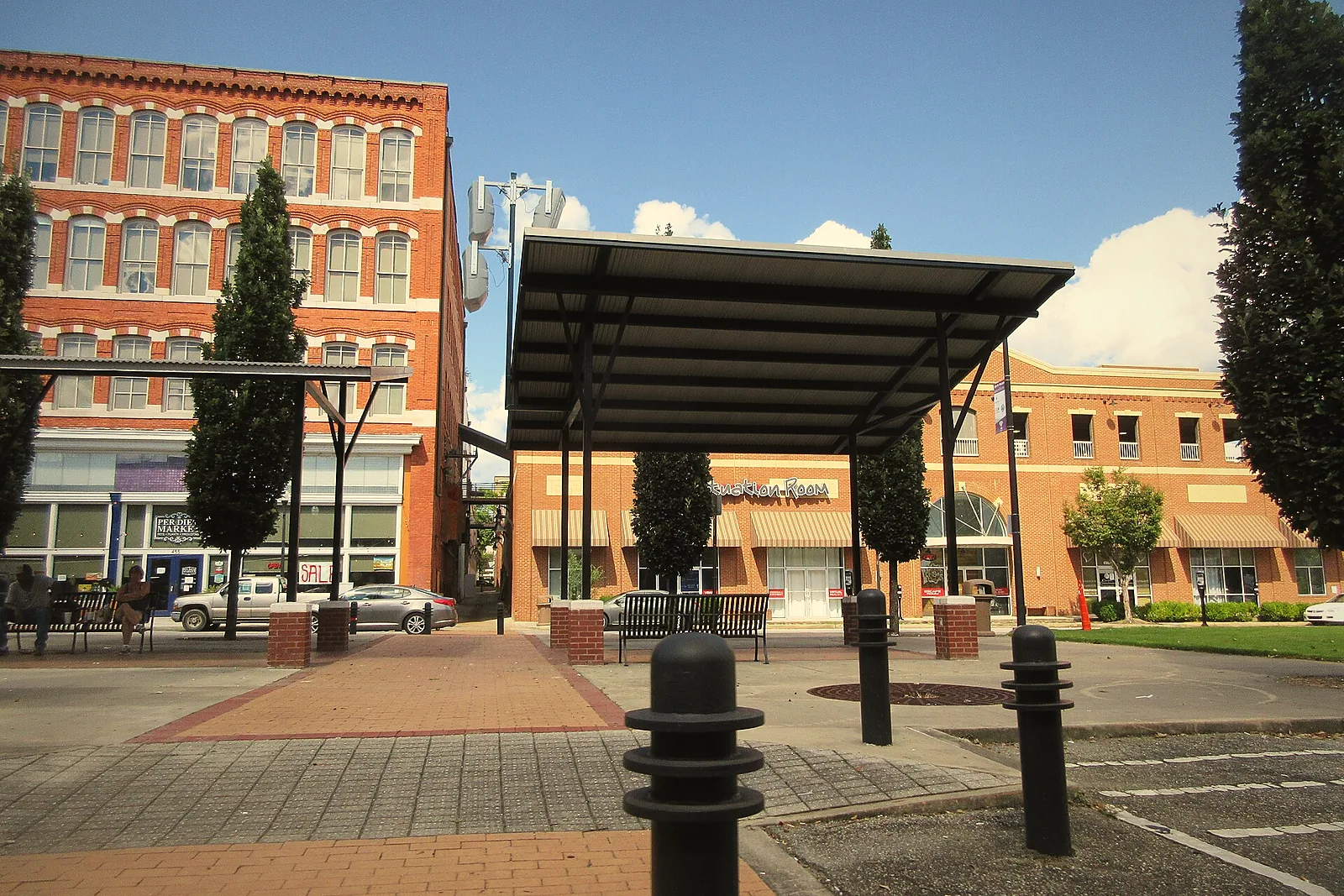 Brick buildings and a covered walkway in downtown Macon