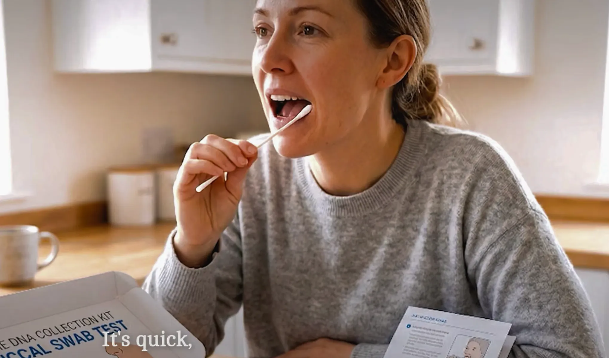 Woman in a gray sweater performing a saliva swab test by swabbing inside her mouth, sitting at a kitchen table with a DNA collection kit box and instructions.