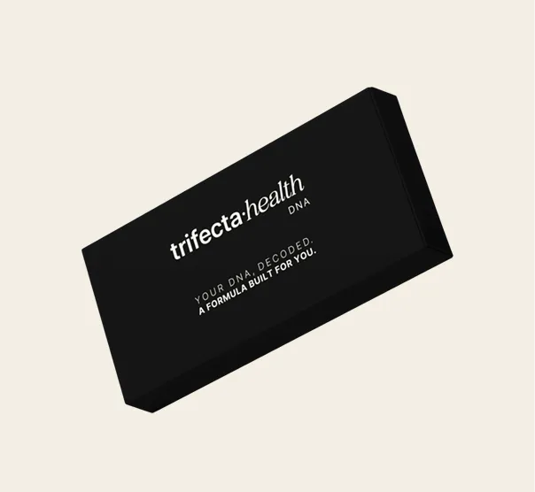 Black rectangular box with white text reading 'trifecta:health DNA' and 'YOUR DNA, DECODED. A FORMULA BUILT FOR YOU.' on a light background.