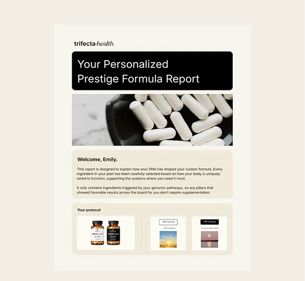 Trifecta Health Personalized Prestige Formula Report showing white capsules in a bowl and a brief explanation about custom DNA-shaped formula for Emily, with images of supplement bottles and two formula cards labeled AM Formula with breakfast and PM Formula 1-2 hours after dinner.