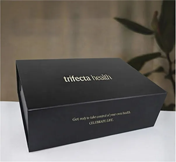 Black box with the text 'trifecta health' on the top and a smaller text on the side that says 'Get ready to take control of your own health. CELEBRATE LIFE'.