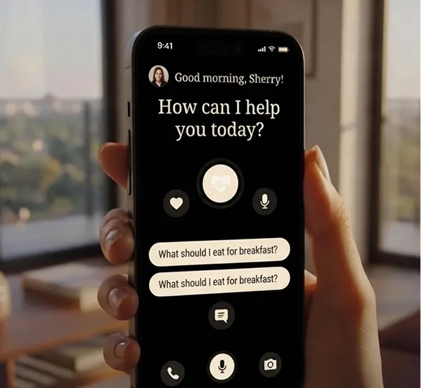 Hand holding a smartphone displaying a voice assistant interface greeting a user named Sherry, with the text 'How can I help you today?' and repeated questions 'What should I eat for breakfast?' on screen.