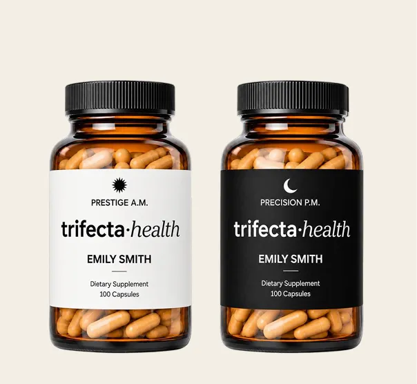 Two amber pill bottles with black caps labeled for dietary supplements by trifecta.health; the left bottle labeled Prestige A.M. with a sun icon, the right Precision P.M. with a crescent moon icon, both containing 100 capsules each for Emily Smith.