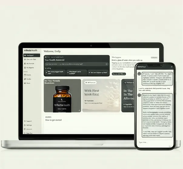 Laptop and smartphone displaying the Trifecta Health platform interface with user health questions, personal breakdowns, and suggestions, alongside detailed text on the phone screen.