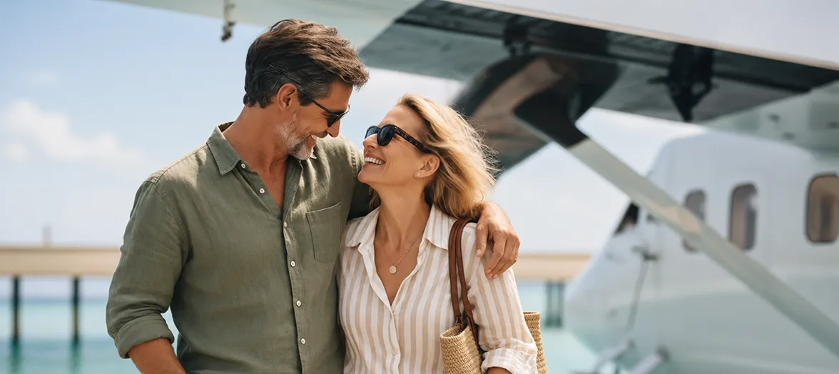 Smiling middle-aged couple wearing sunglasses, with the man's arm around the woman's shoulder, standing near a small airplane on a sunny day.