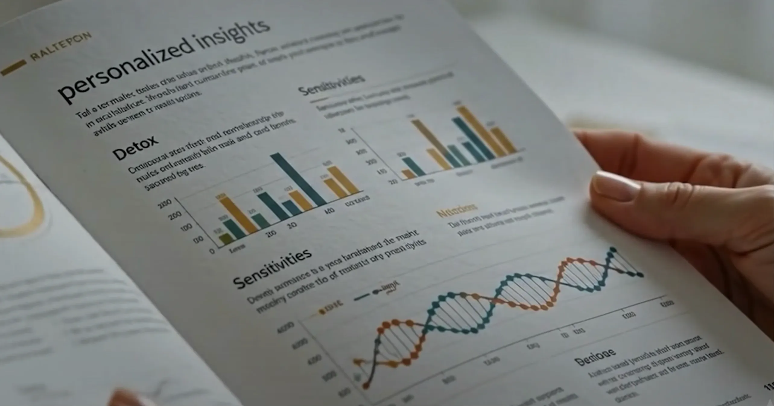 A person holding a page from a report or magazine titled 'personalized insights' with charts labeled Detox, Sensitivities, Nutrients, and a DNA helix graph.