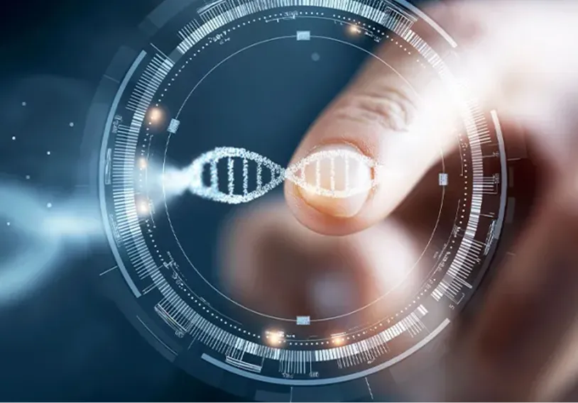Close-up of a finger touching a glowing digital DNA double helix surrounded by futuristic circular data interface elements.