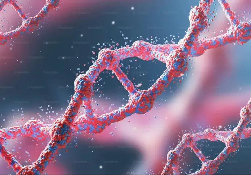 Close-up 3D rendering of a DNA double helix structure with red and blue molecular details against a blurred blue and pink background.