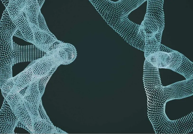 Blue digital 3D-rendered DNA double helix structure made of small dots on a dark background.