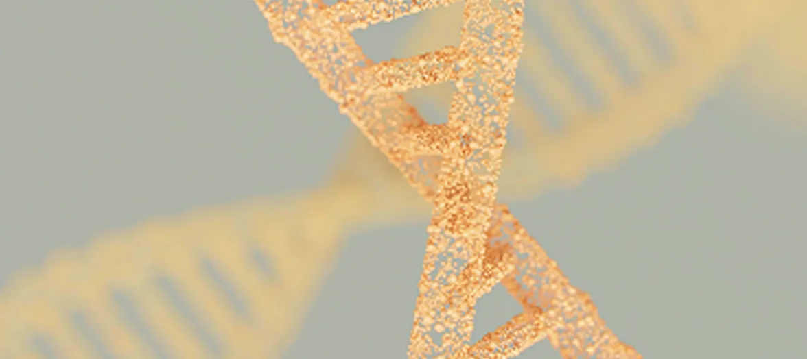 Close-up 3D rendering of a DNA double helix structure in golden tones on a soft gray background.