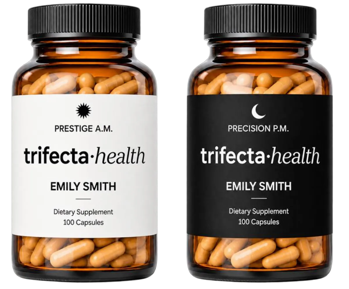 Two amber bottles of dietary supplements by trifecta health labeled with the name Emily Smith; the left bottle with a white label says Prestige A.M. and the right with a black label says Precision P.M., each containing 100 capsules.