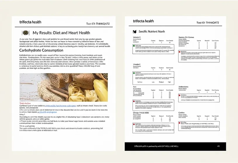 Two-page report from Trifecta Health about diet and heart health. The left page focuses on carbohydrate consumption and its impact, including a photo of pasta, mushrooms, and bananas. It contains text explaining carbohydrates and dietary advice. The right page lists Seedfic Nutrient North with food categories such as autophagy, visible fat, broth, antioxidants, omega fatty acids, and caffeine, with details on nutrient levels and effects. The bottom of the right page shows 'trifectahealth in partnership with EAT WELL LIVE WELL' and the page number 41.