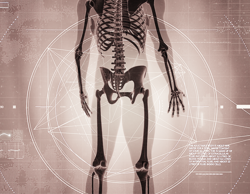 Digital X-ray image of a human skeleton from the pelvis to the upper chest with geometric shapes and circular patterns overlaid on a grid background.