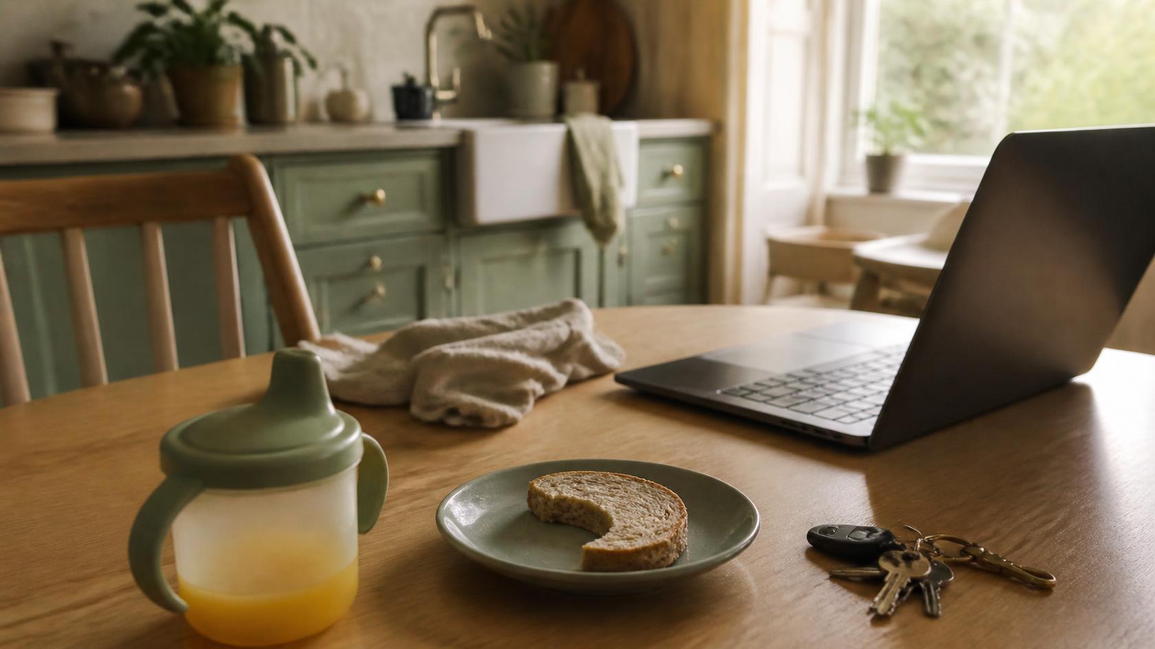 Keukentafel in de ochtend met een drinkbeker, een half opgegeten boterham, een open laptop en een sleutelbos.