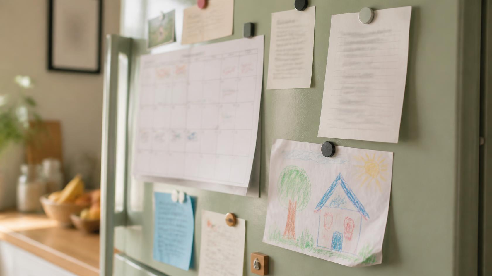 Koelkastdeur met briefjes, een schoolkalender, een kindertekening en een boodschappenlijstje.