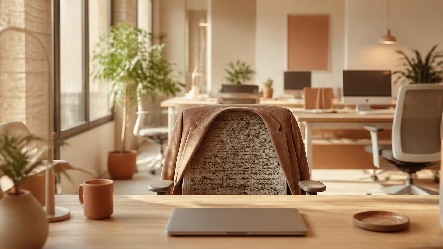 Lege bureaustoel met een jas over de rugleuning naast een dichtgeklapte laptop.