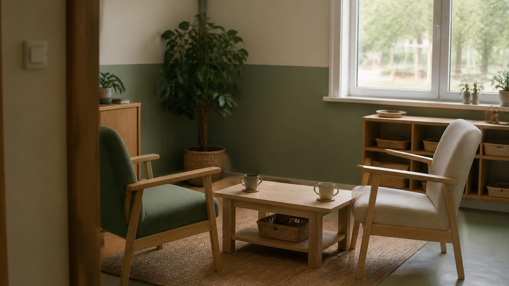 Twee stoelen met kopjes thee op een lage tafel in een rustige overlegruimte.