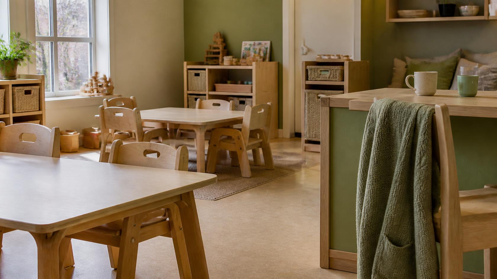 Lege groepsruimte van een kinderdagverblijf met kleine tafels en stoeltjes.