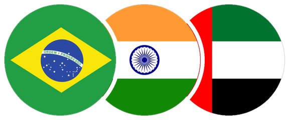 Flags of Brazil, India and the United Arab Emirates