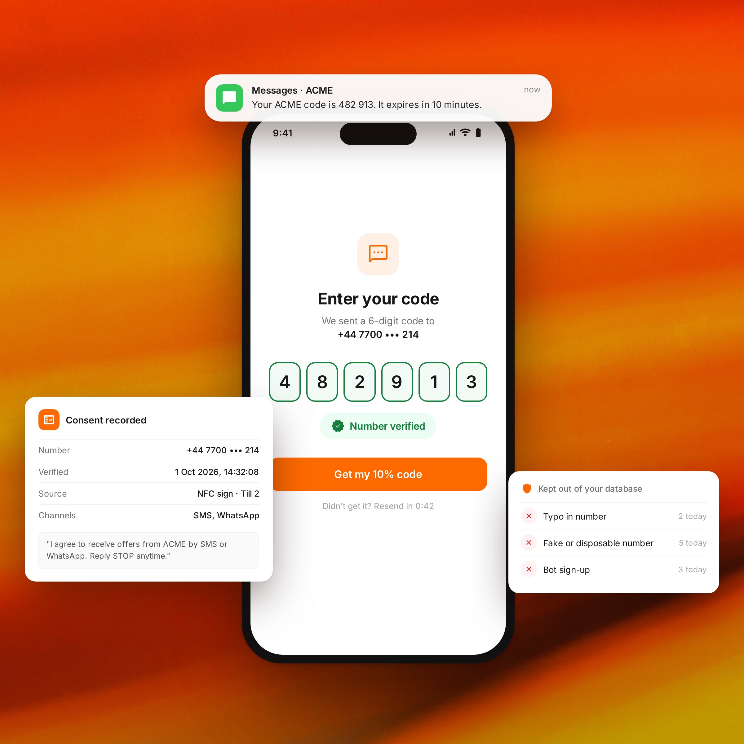 Phone showing a one-time code confirming the number, with the recorded consent and blocked fake sign-ups