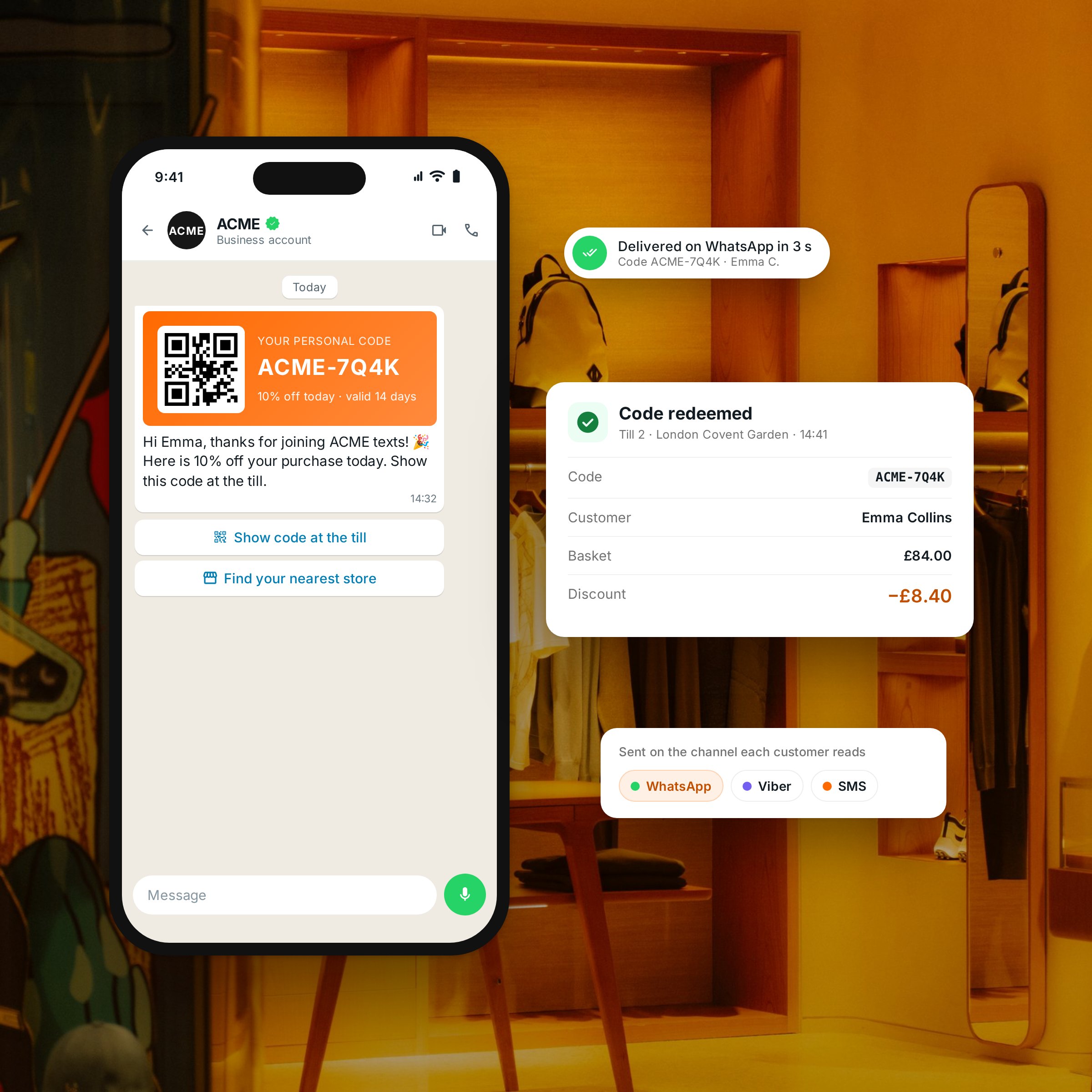 WhatsApp message with a personal discount code, redeemed at the till