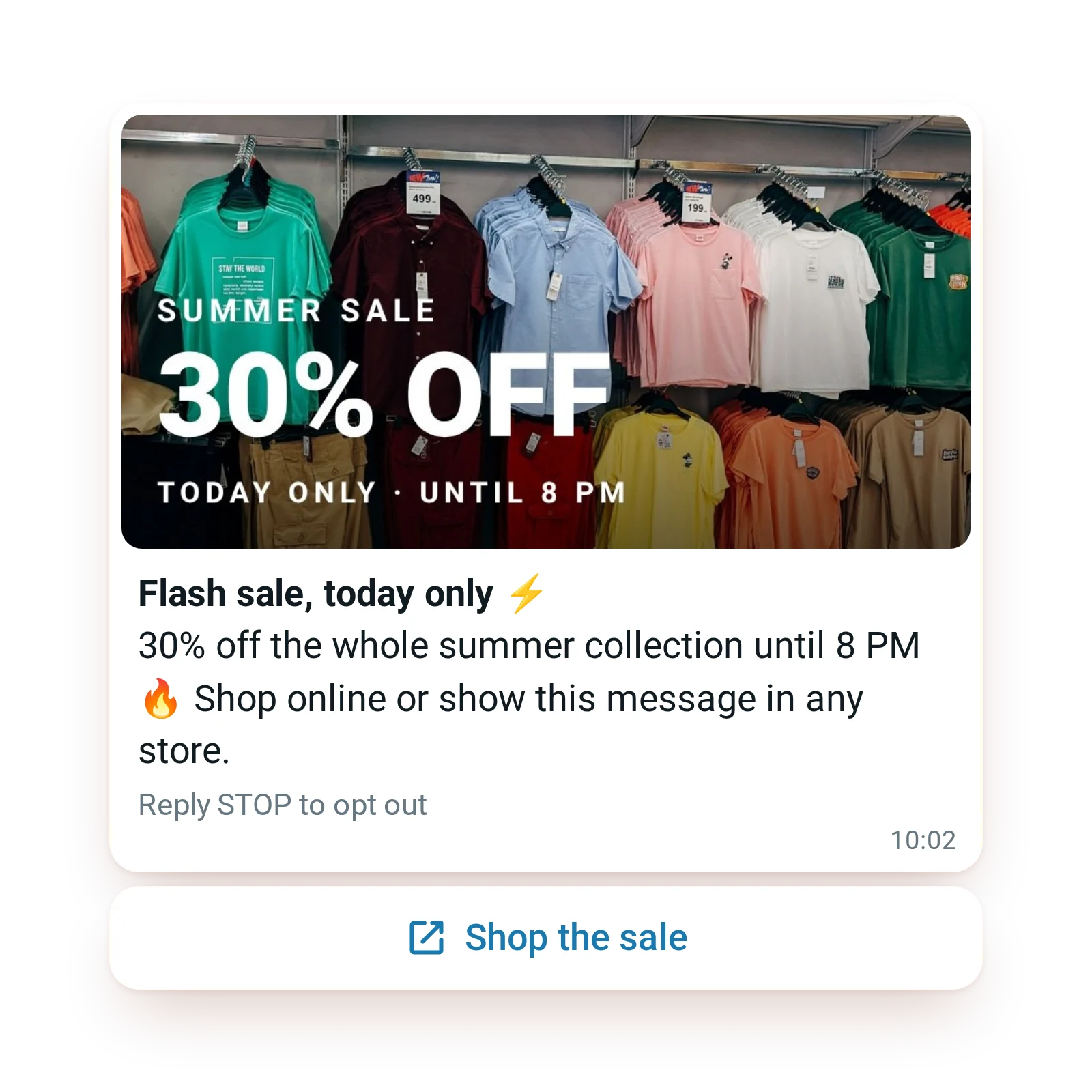 WhatsApp flash sale message with a 30% off banner and a Shop the sale button