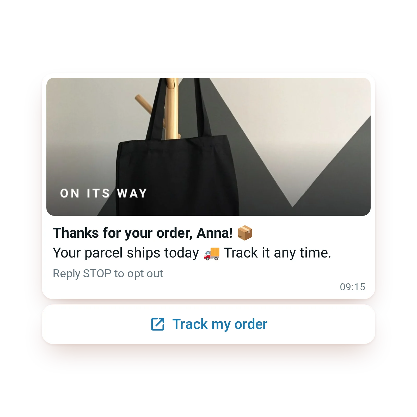 WhatsApp order confirmation message with a Track my order button