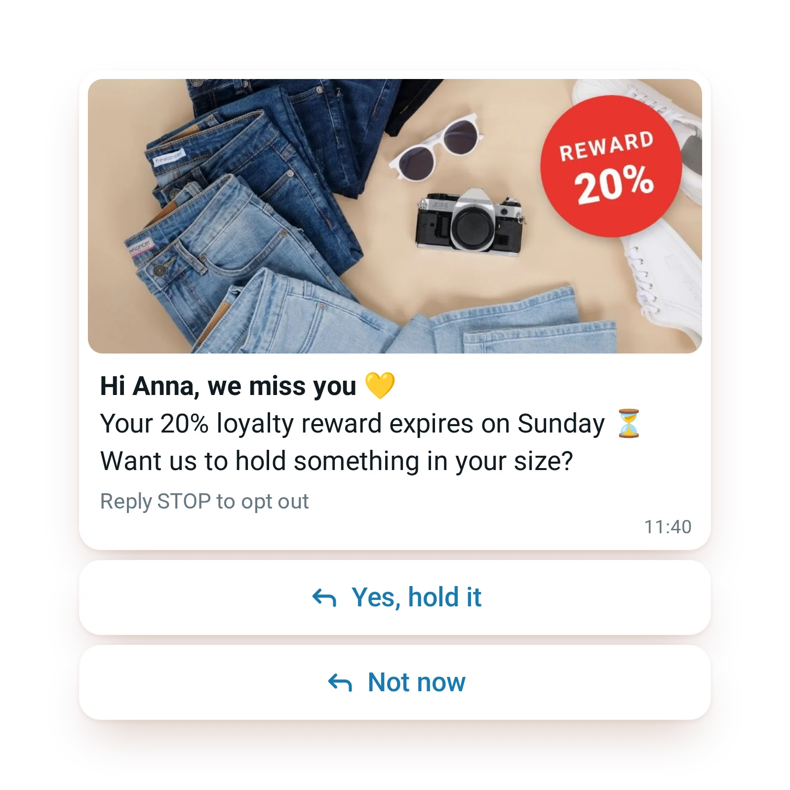 WhatsApp win-back message with a 20% loyalty reward and quick reply buttons
