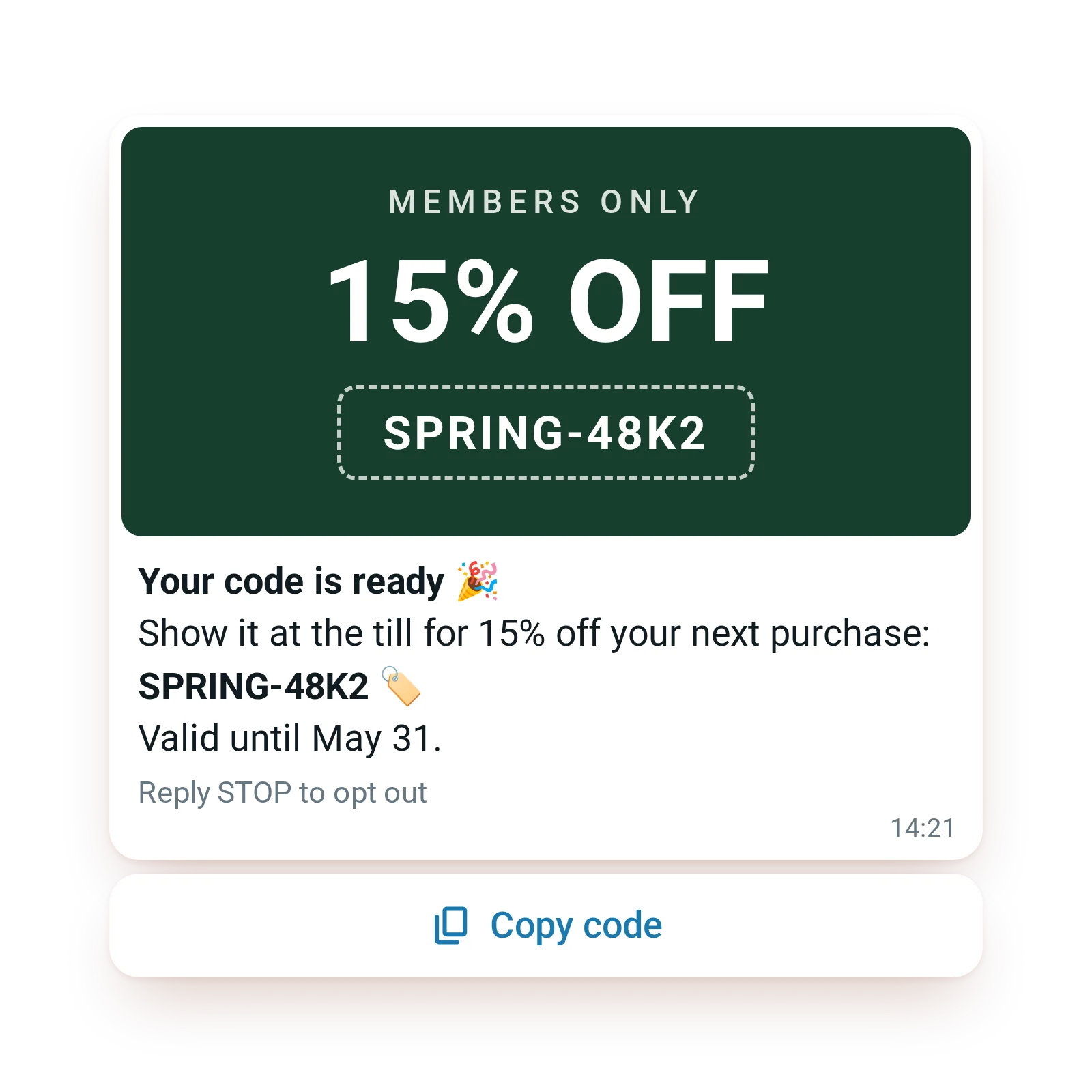 WhatsApp message with a 15% off store code and a Copy code button