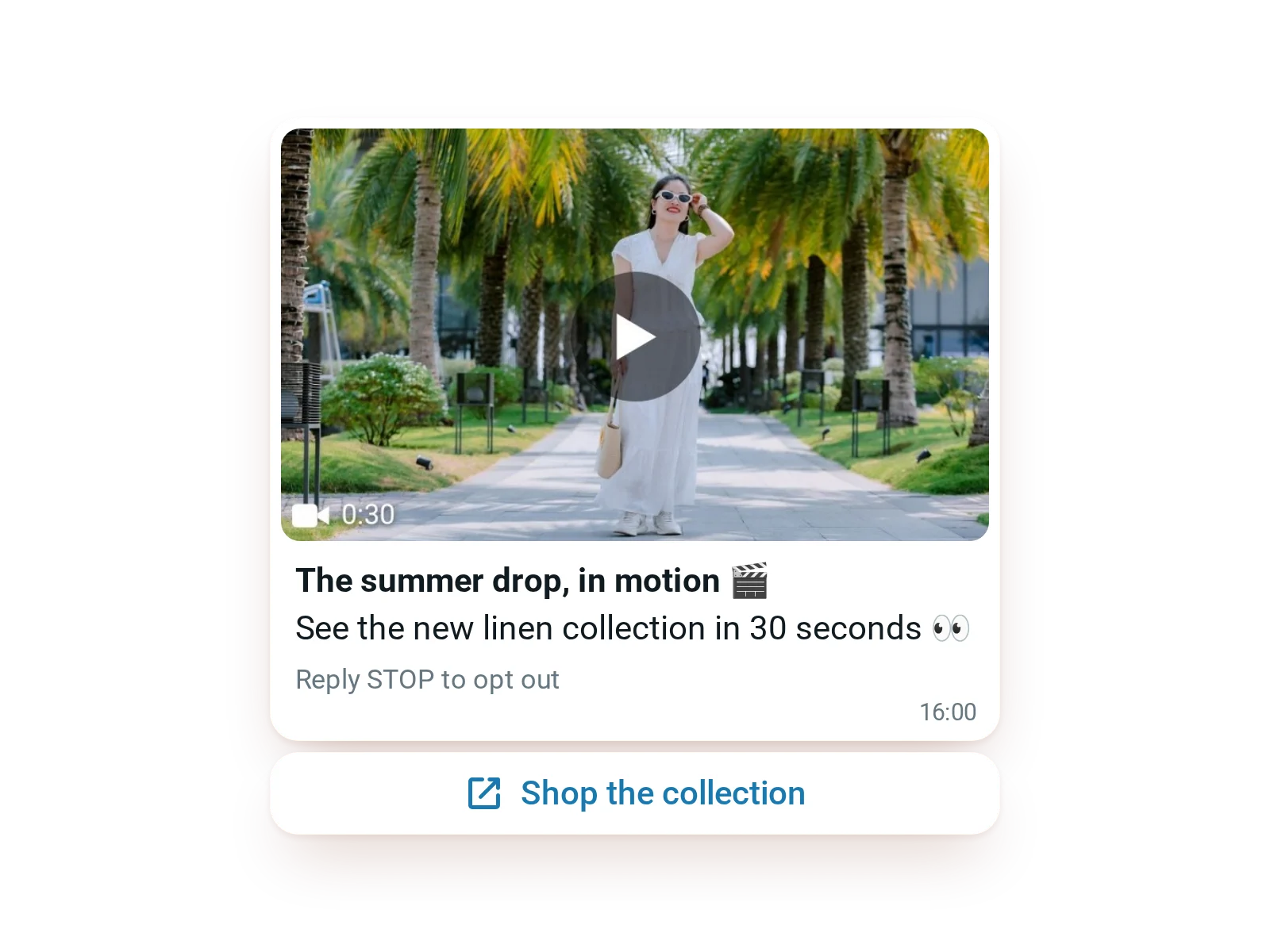 WhatsApp message with a playable video of the summer collection and a shop button