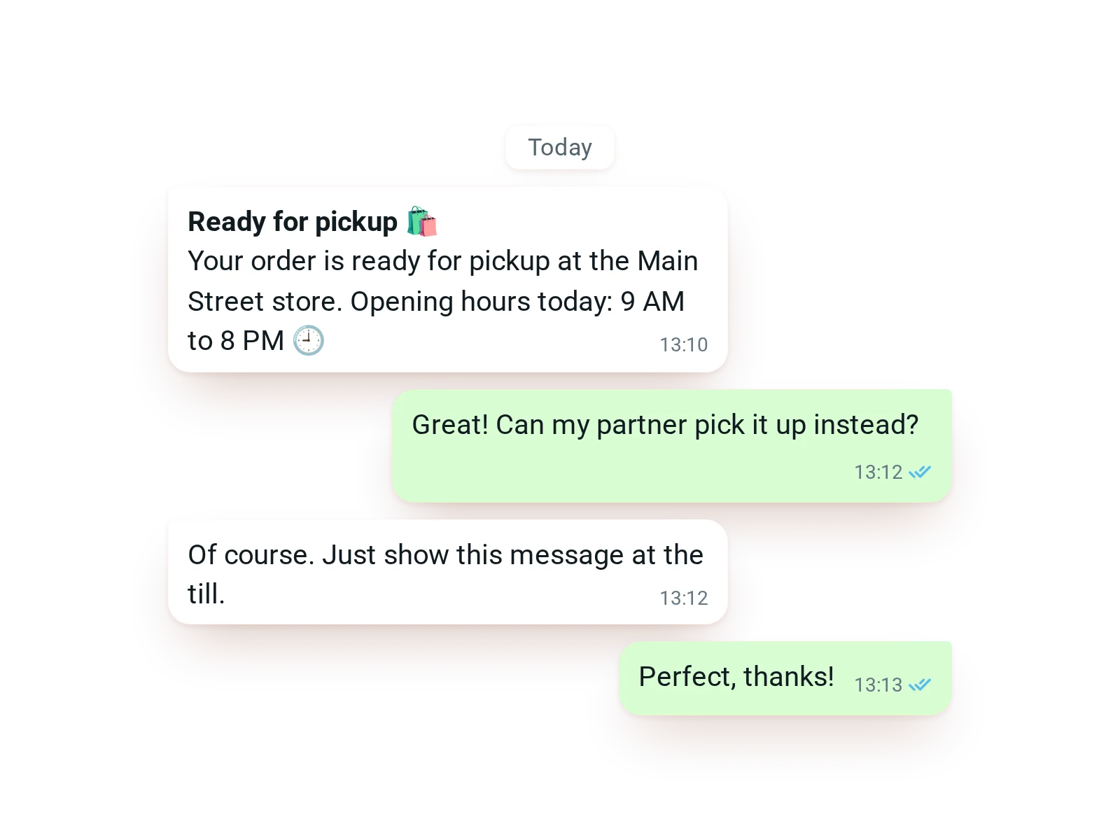 Two-way WhatsApp conversation: a pickup notice, a customer question, and the store's reply