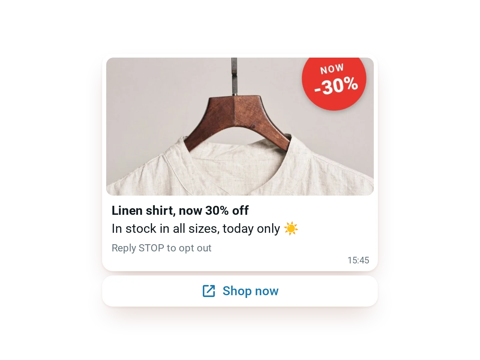 WhatsApp message with a product photo of a linen shirt, now 30% off, and a shop now button