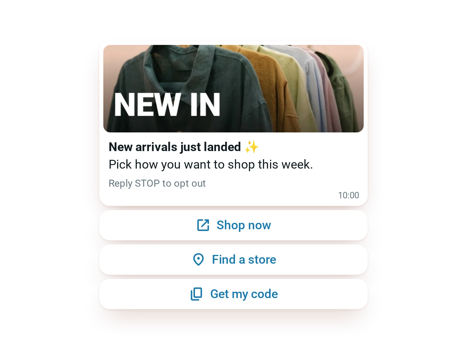 WhatsApp message announcing new arrivals with three buttons: shop now, find a store, get my code