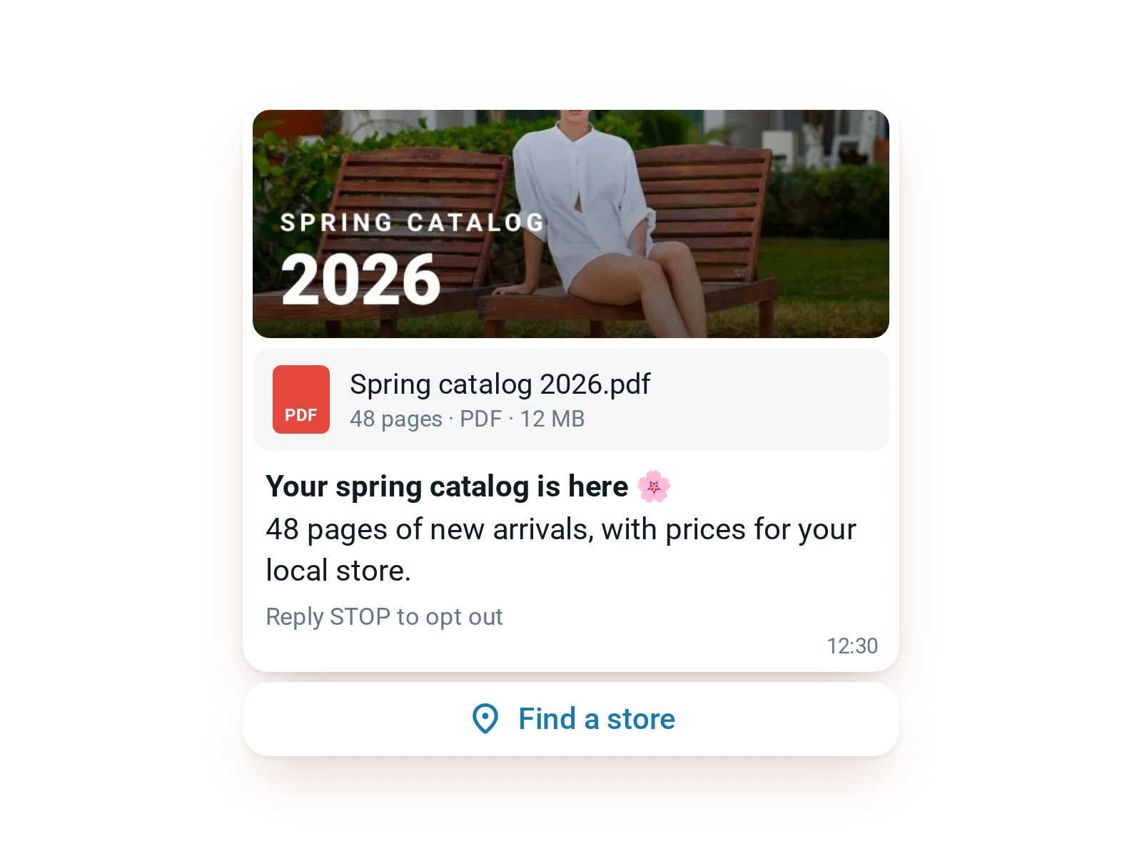WhatsApp message with an attached spring catalog PDF and a find a store button