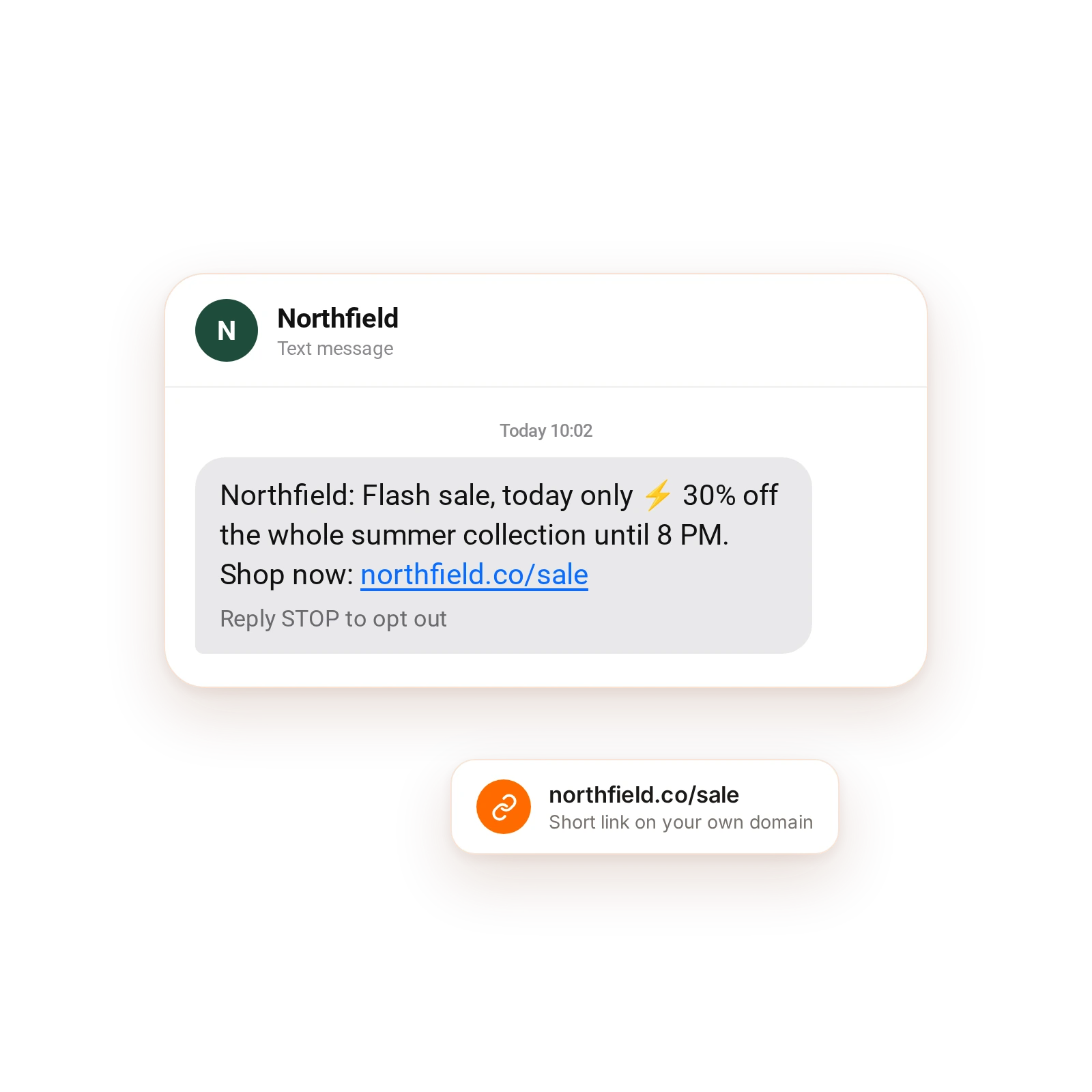SMS announcing a same-day flash sale with a short link on the brand's own domain