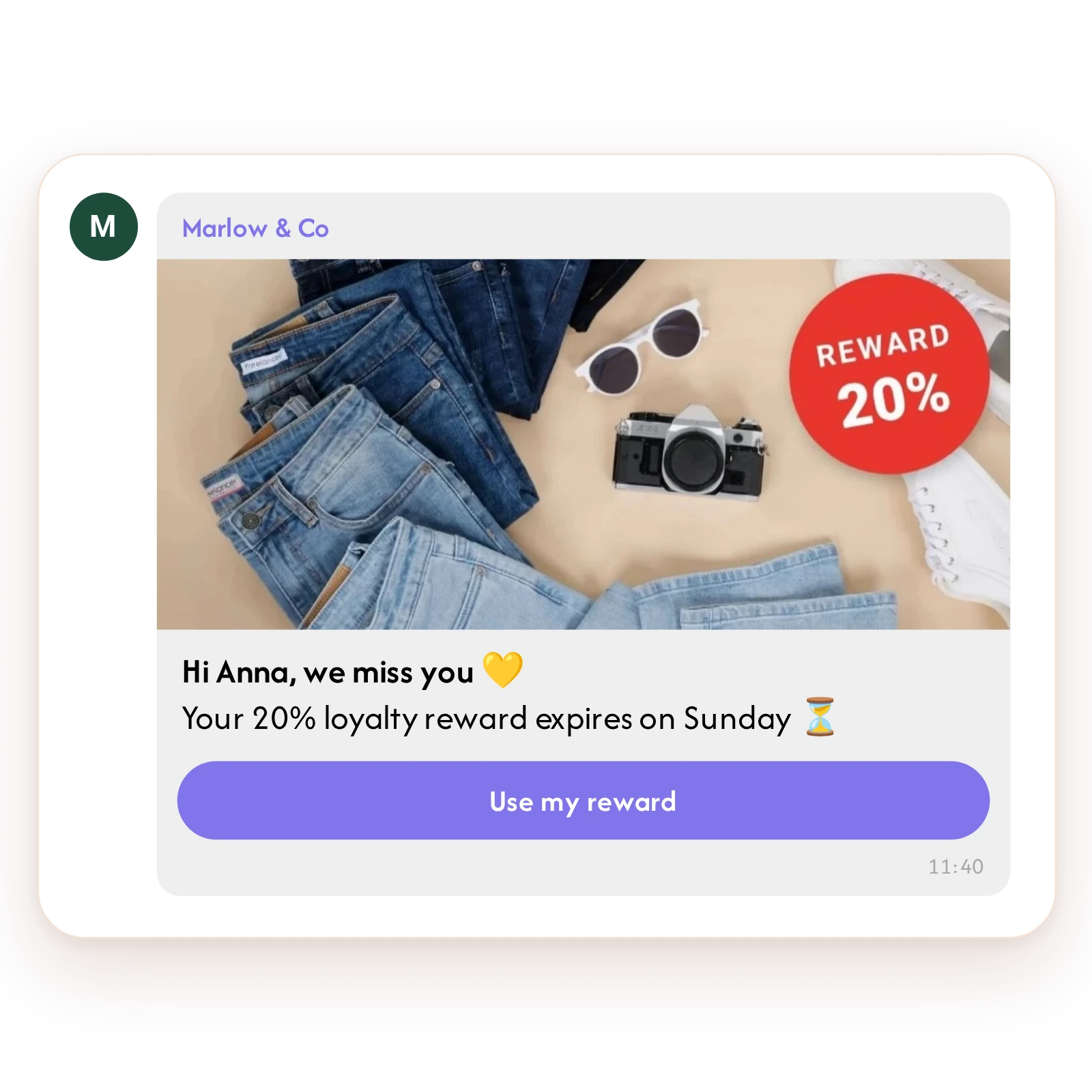 Viber win-back message with a 20% loyalty reward and a Use my reward button