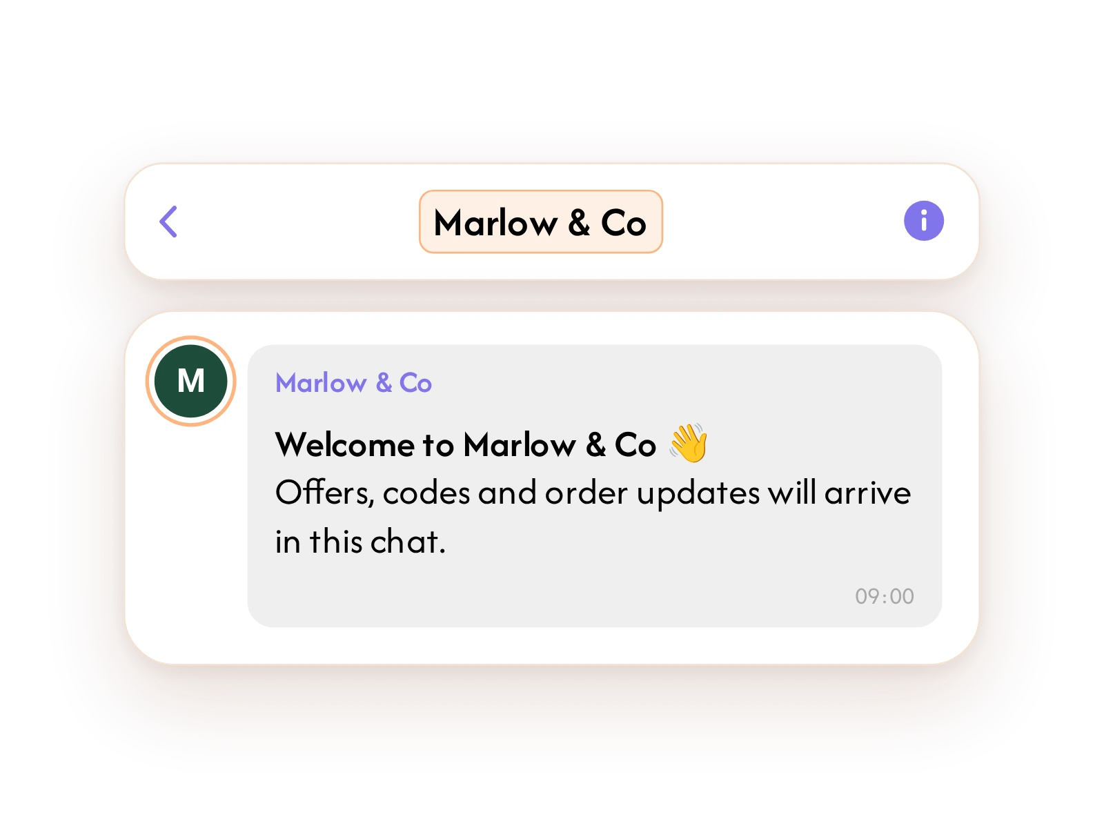 Viber chat showing the brand name in the header and the brand logo and name on a welcome message