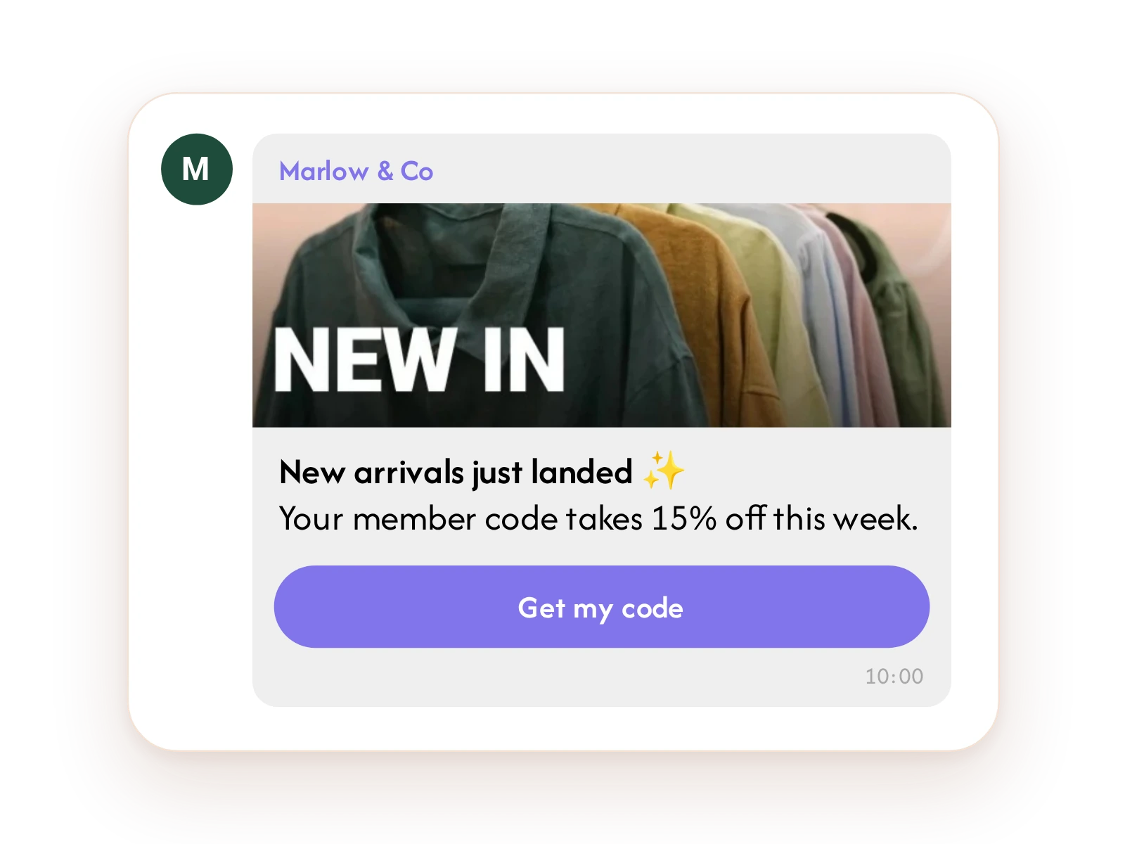 Viber message announcing new arrivals with a Get my code button