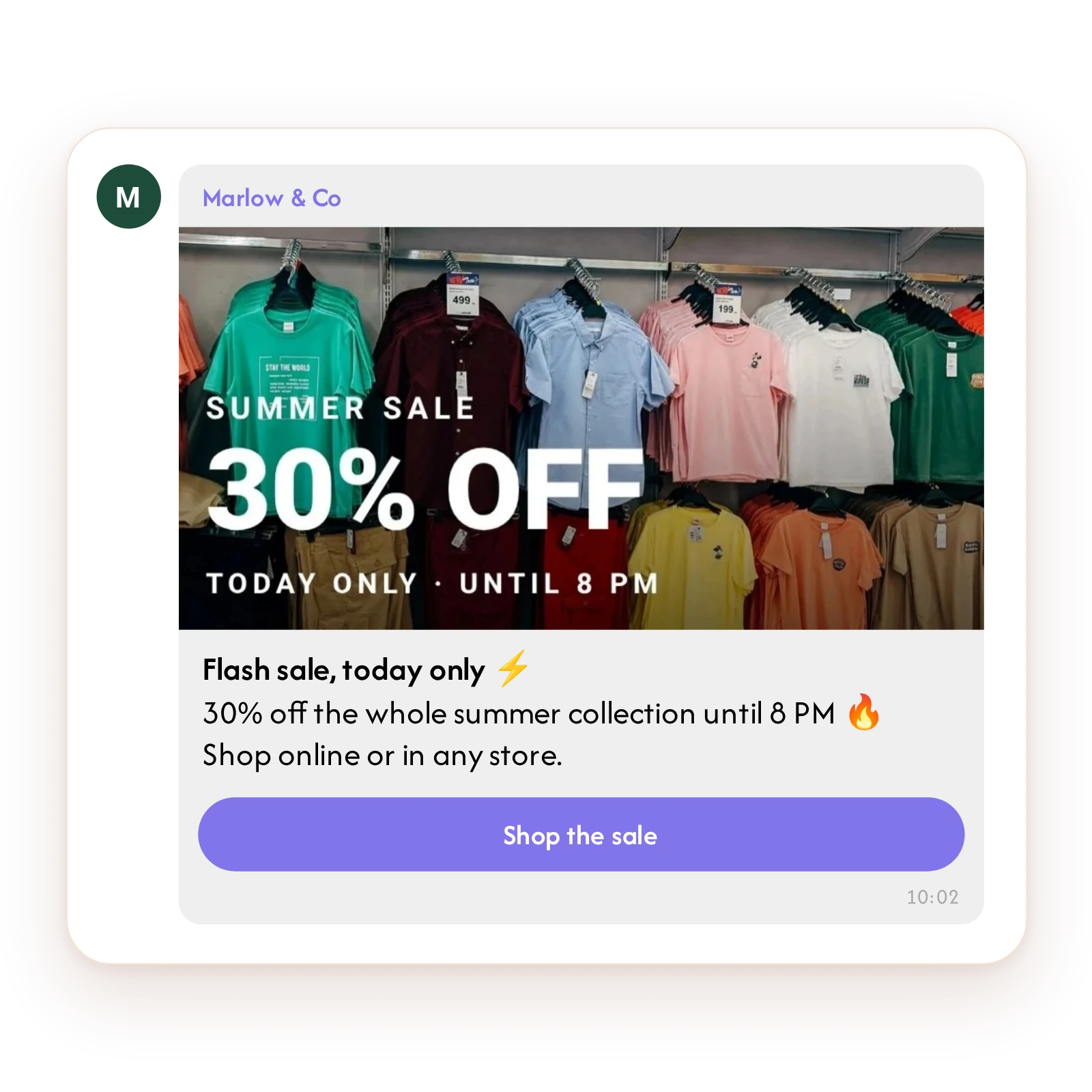 Viber flash sale message with a 30% off banner and a Shop the sale button