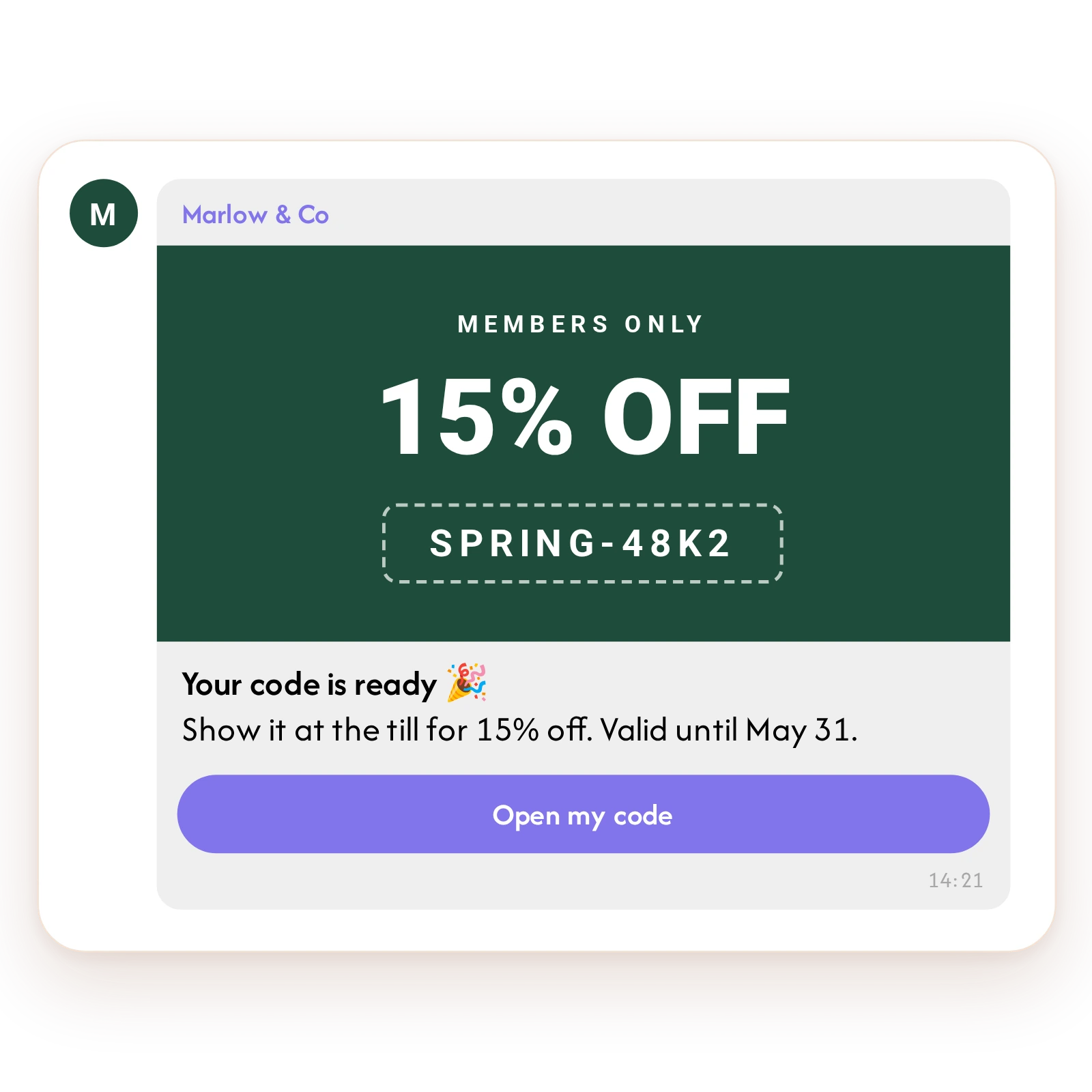 Viber message with a 15% off store code and an Open my code button