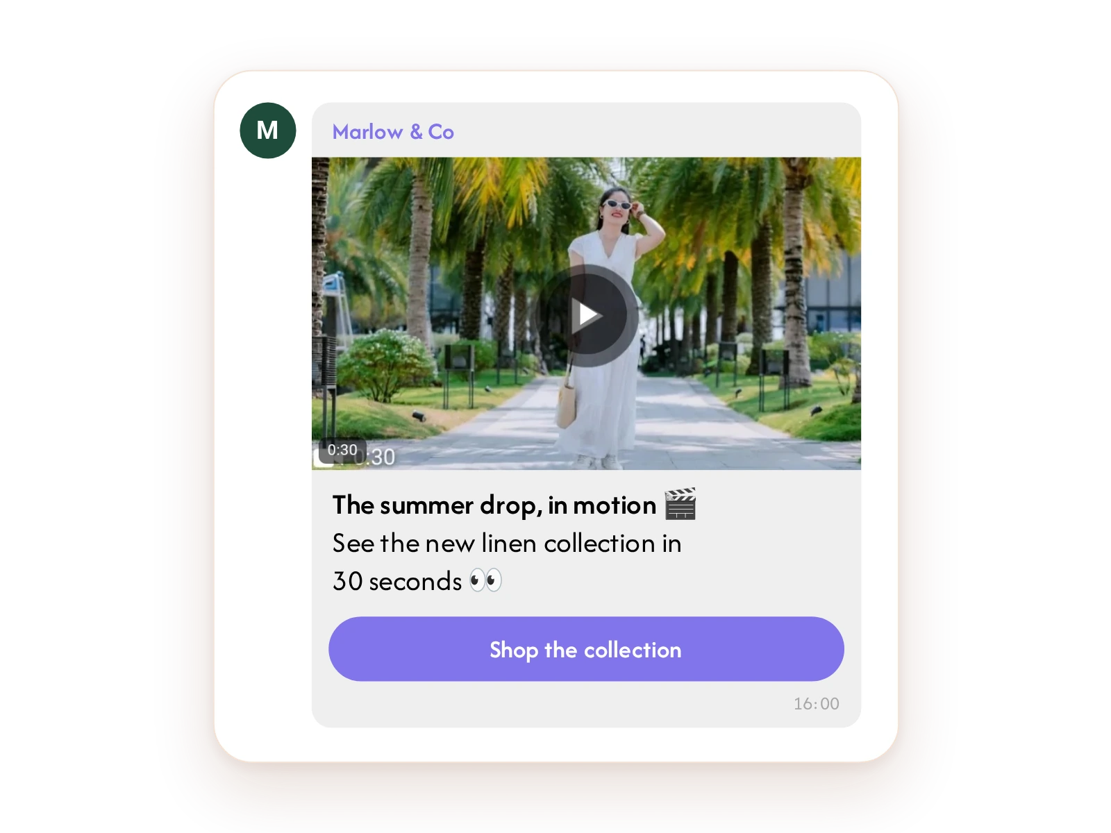 Viber message with a playable video of the summer collection and a shop button