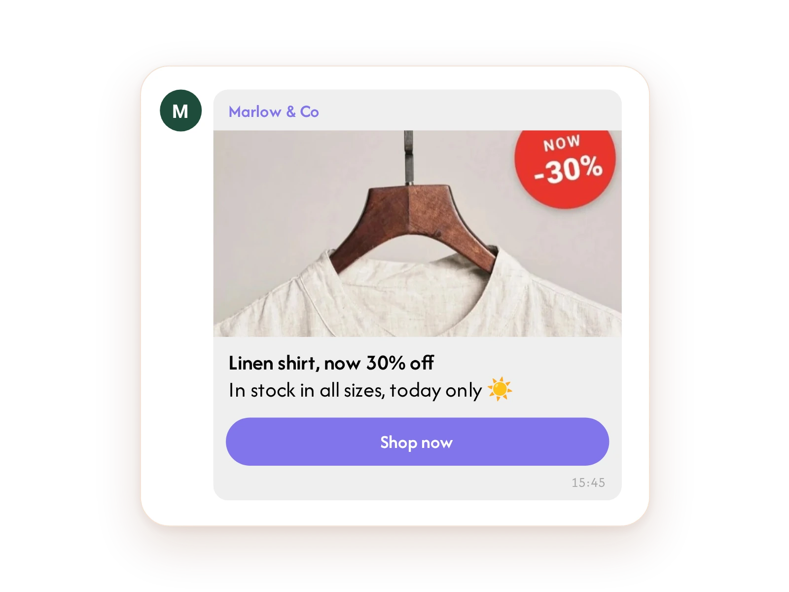 Viber message with a product photo of a linen shirt, now 30% off, and a Shop now button