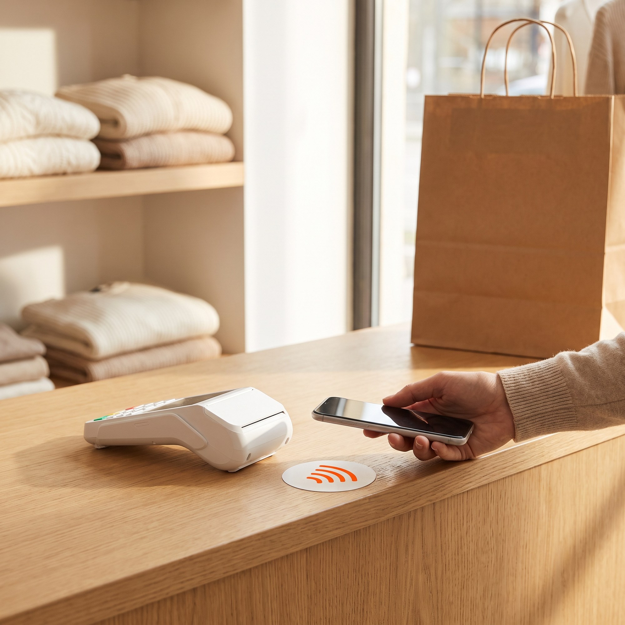 Customer tapping a phone on a 2way NFC sticker at a boutique checkout