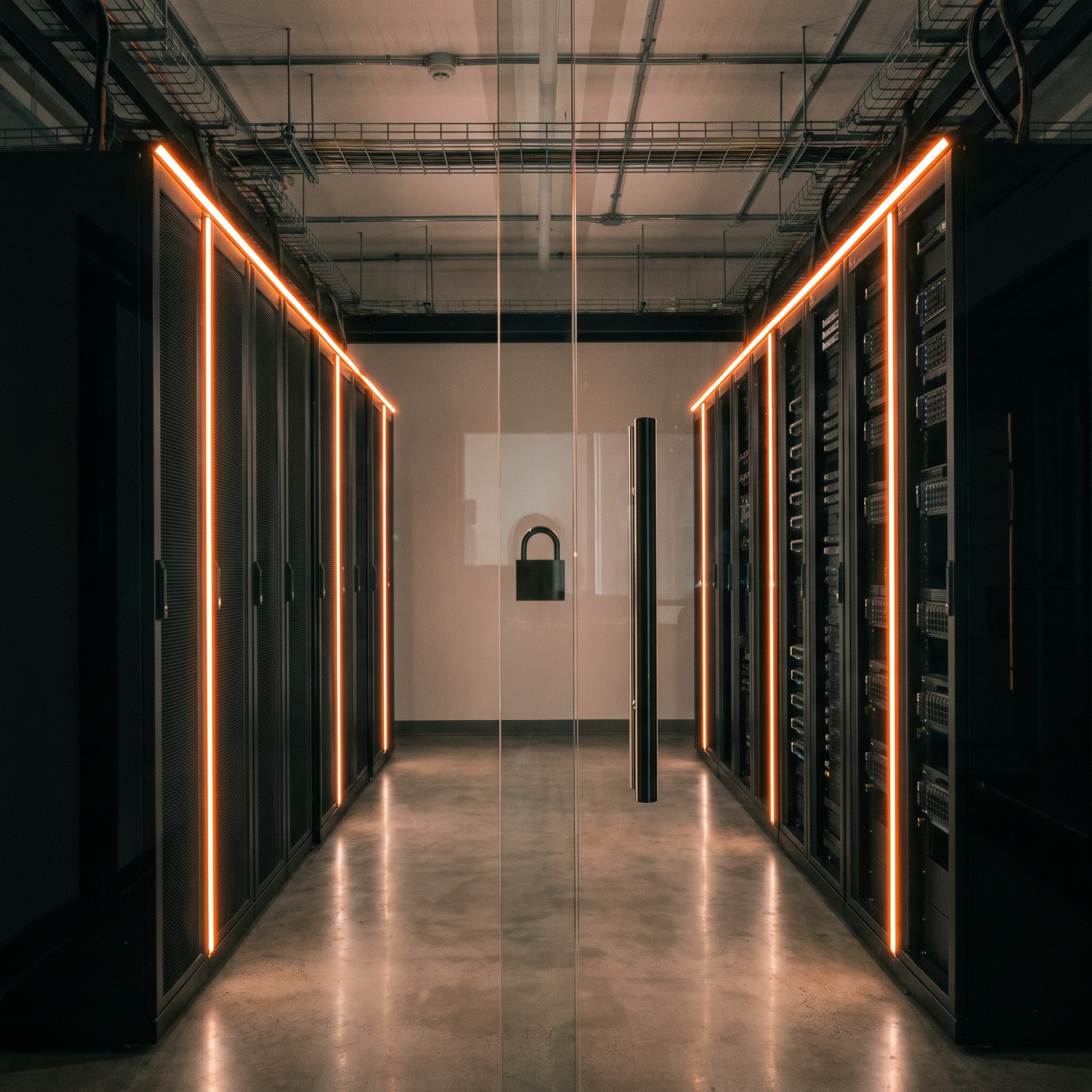 Secure server room behind glass with warm orange lighting