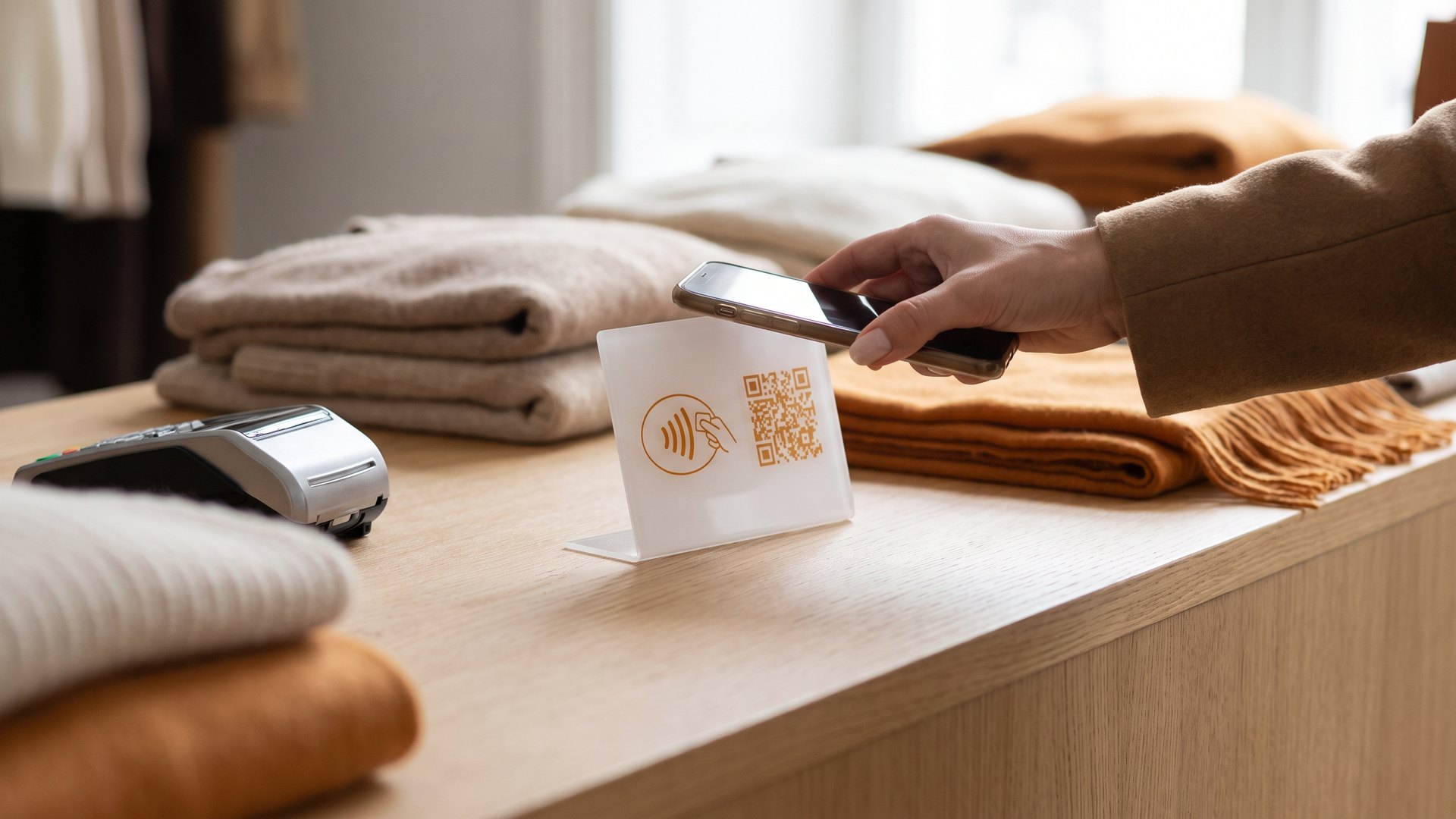 Customer tapping a phone on an NFC sign with a QR code at a store checkout