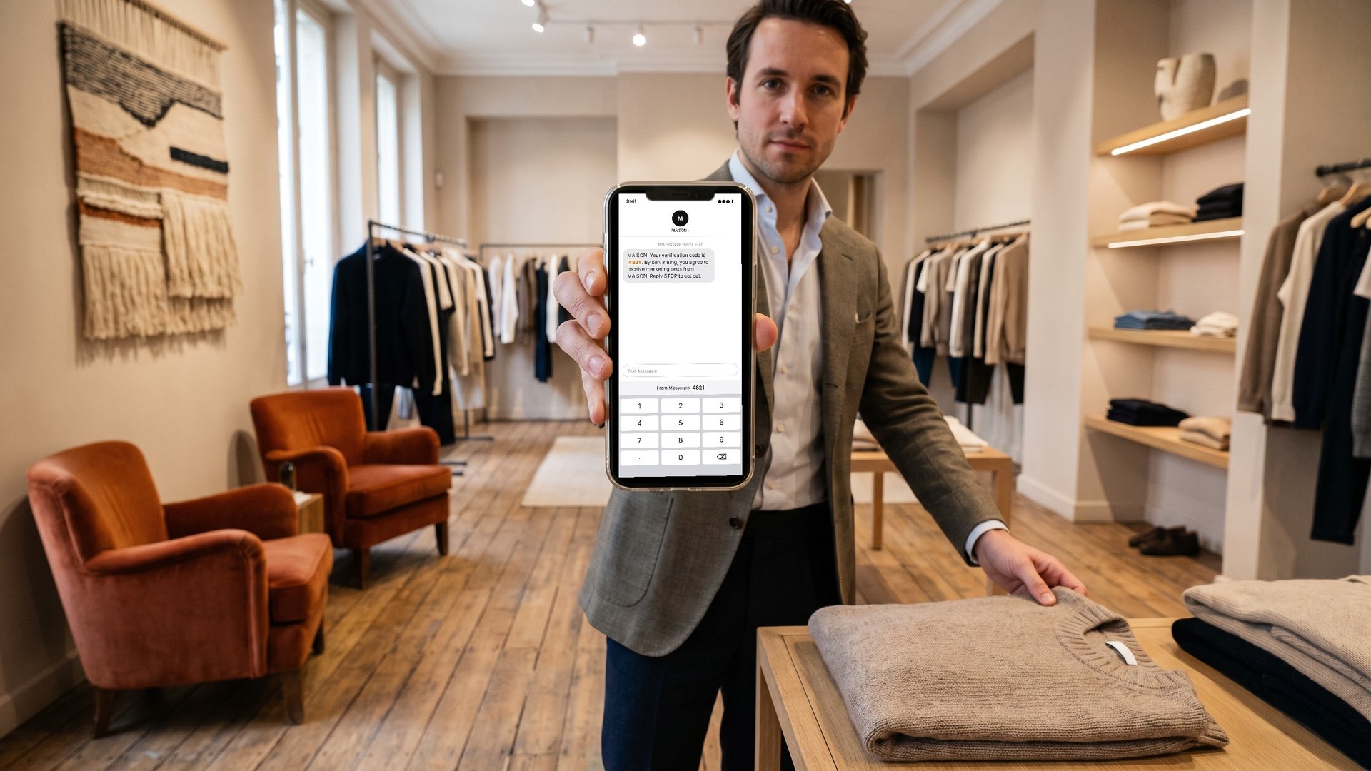 Shopper in store holding a phone showing a one-time verification code by SMS