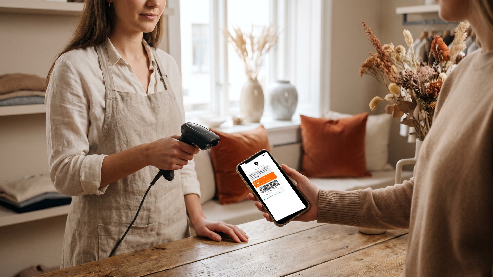 Cashier scanning a personal discount barcode on a customer's phone